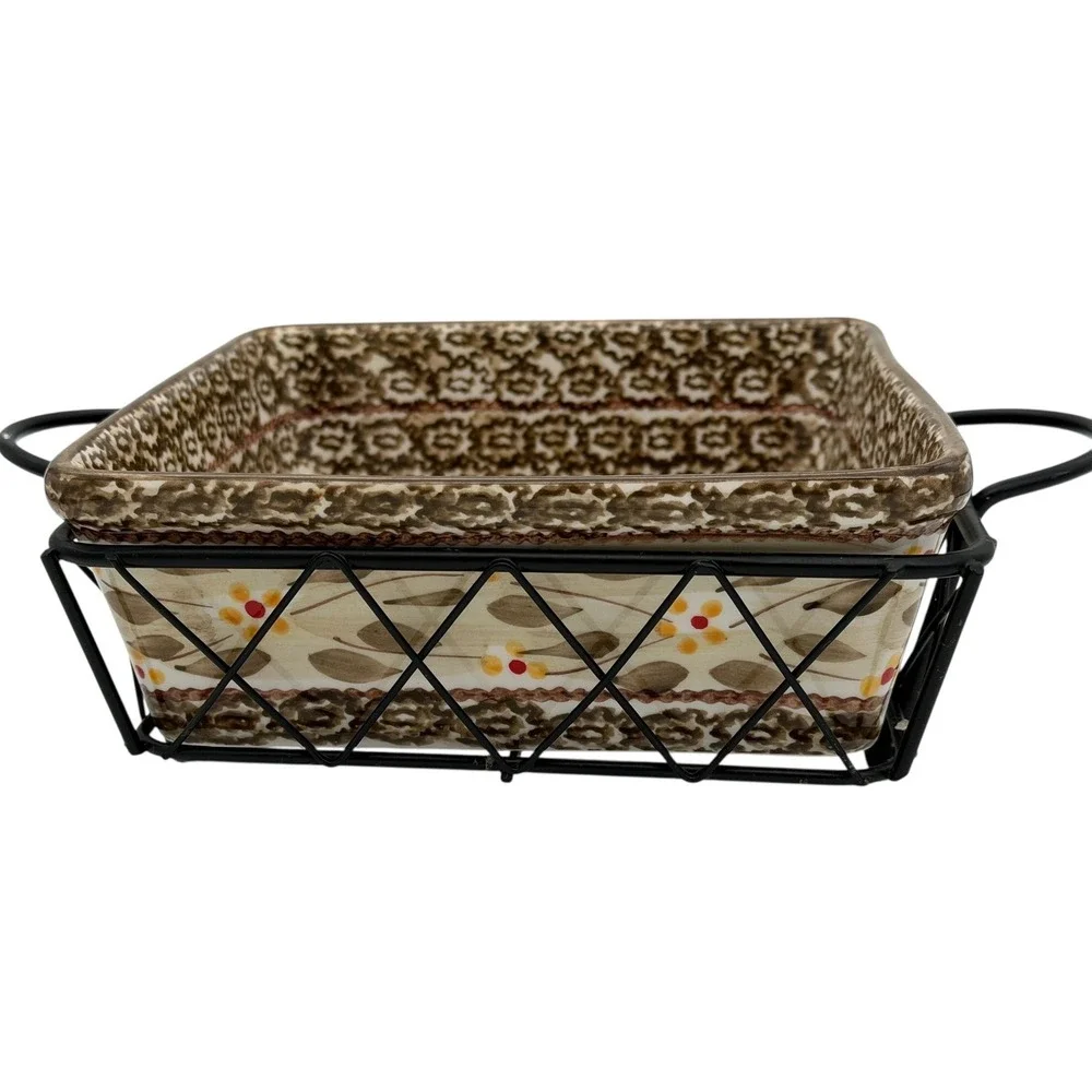 Temp-tations Old World Brown Floral Ceramic Square Baker & Metal Serving Rack